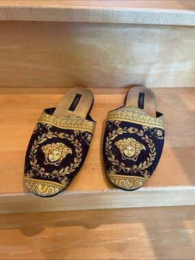 Versace Black and Gold Medusa Slip-On Mules